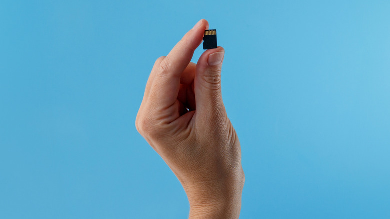 Hand holding up Micro SD card with plain background