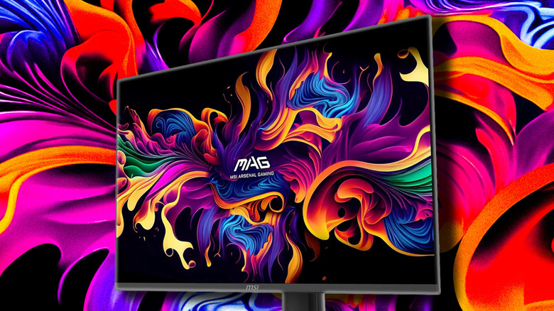 MSI MAG 322UP QD-OLED E16 32-Inch 4K UHD Gaming Monitor with a color splash background