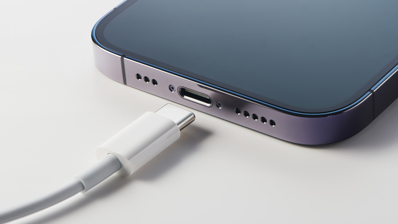 A close-up of an iPhone's USB-C port.