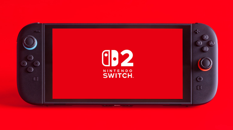 A Nintendo Switch 2 console on a red background
