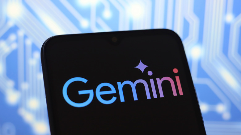 Google Gemini logo on a phone screen with a blue circuit-board background.