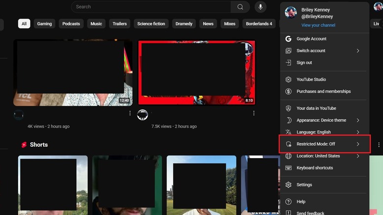 An example of the YouTube Restricted Content menu toggle on the site.
