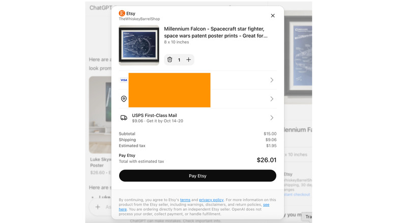 A screenshot of the Instant Checkout confirmation screen in ChatGPT.