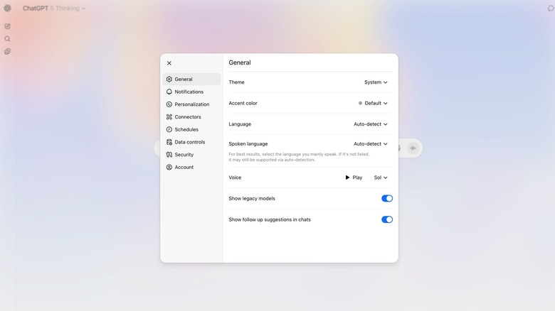 The ChatGPT Settings menu in the web app.