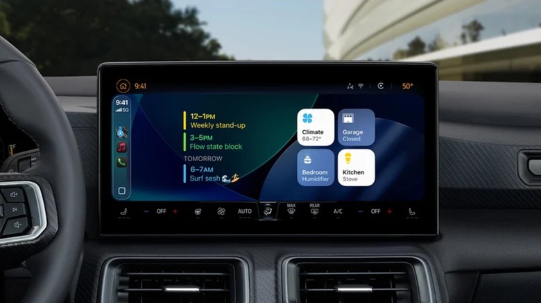 A vehicle's infotainment screen displaying Apple CarPlay and several widgets, including items from a calendar and widgets for HomeKit