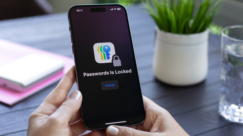 A person using the Apple Passwords app on an iPhone
