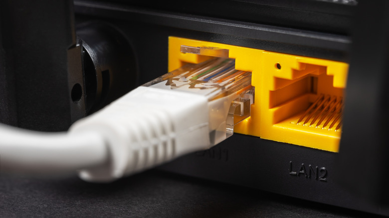 Ethernet cable plugged into a port on the back of device