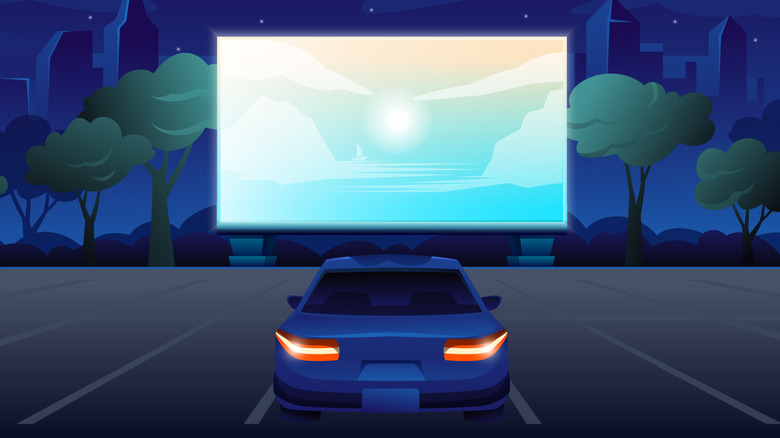 A digital illustration of a car in front of a movie screen.