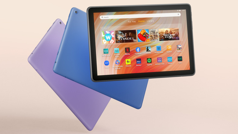 Amazon Fire HD 10 tablet displayed in its three color options