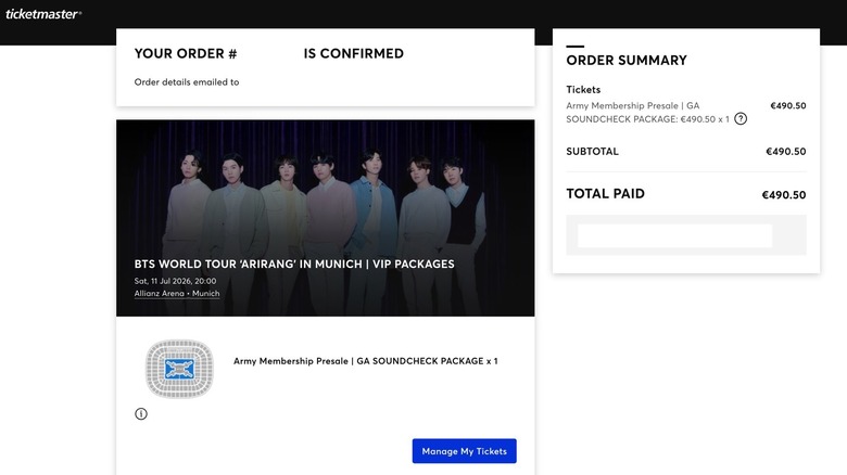BTS World Tour VIP ticket purchase confirmation on Ticketmaster.