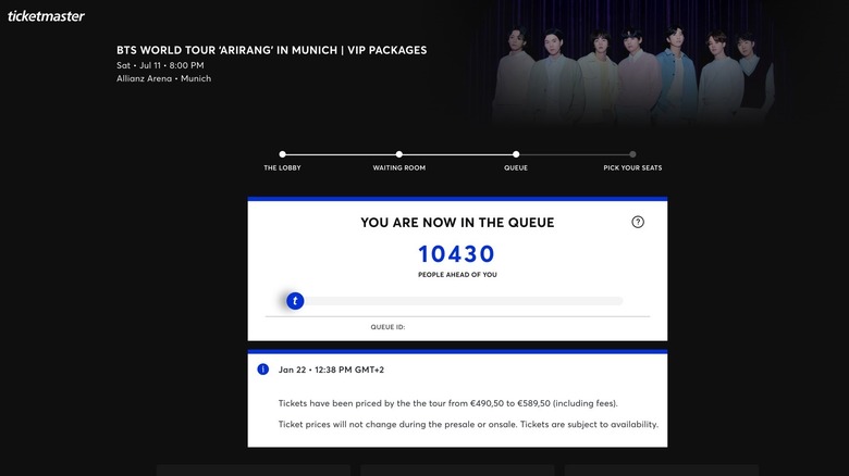 Waiting in queue on Ticketmaster for BTS World Tour VIP tickets.