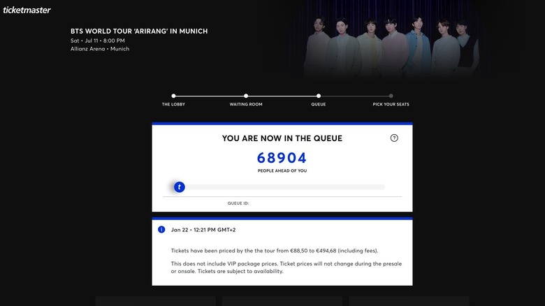 Waiting in queue on Ticketmaster for BTS World Tour non-VIP tickets.