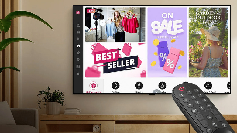 A wall-mounted LG TV displaying a webOS shopping screen.