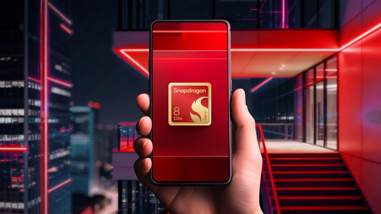Render of a hand holding a smartphone with the Snapdragon 8 Elite Gen 6 shown on its screen while a city scene at night is shown in the background.