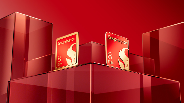 Render depicting the Qualcomm Snapdragon 8 Elite against a red background