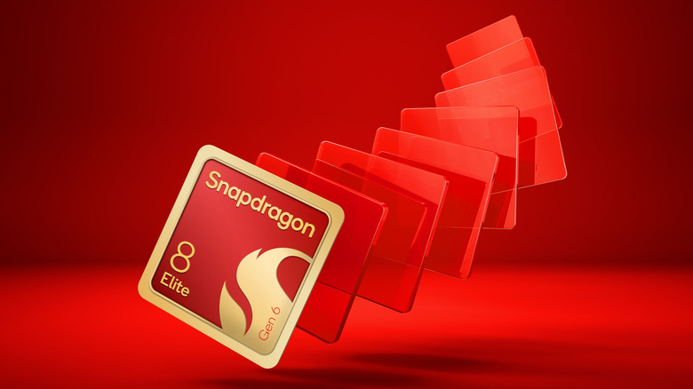 Stylized render of the Snapdragon 8 Elite Gen 6 against a red background