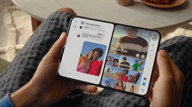 person using iPhone duo to chat and look at photos