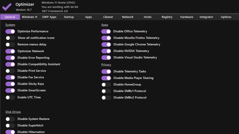 General tab in Optimizer