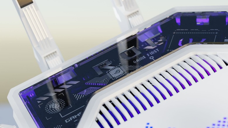 Close-up of an ASUS ROG gaming router showing the top surface