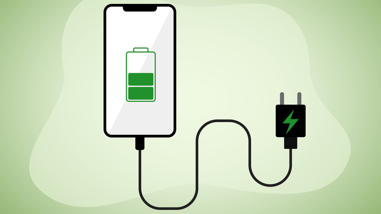 green background with a cartonized phone and charger and battery level displayed on a screen