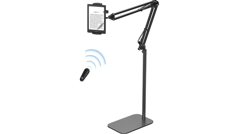 The VoltifyMax Floor Stand Kindle Holder and page-turning remote on a white background