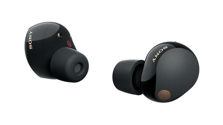 The Sony WF-1000XM5 wireless earbuds against a white background