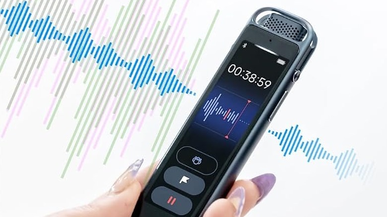 iFlyTek P1 Pro recording audio with sound waves in the background