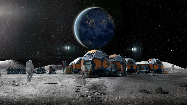 concept image of astronauts on the moon with living modules and the Earth in sight