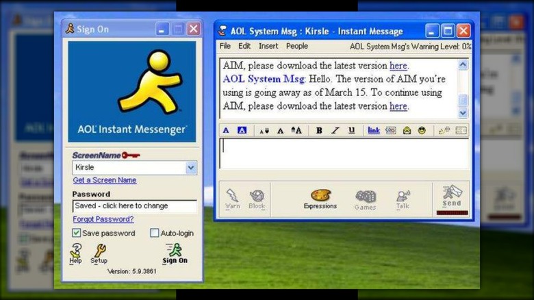 A screenshot showcasing the AOL Instant Messenger login screen and a chat conversation window