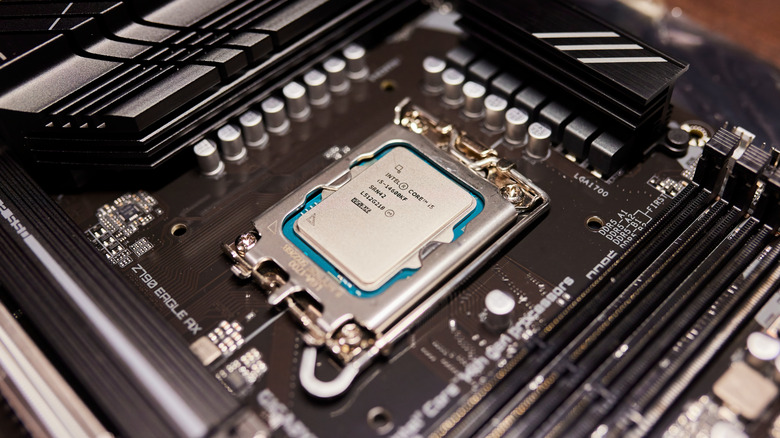 Intel desktop processor installed in motherboard socket.