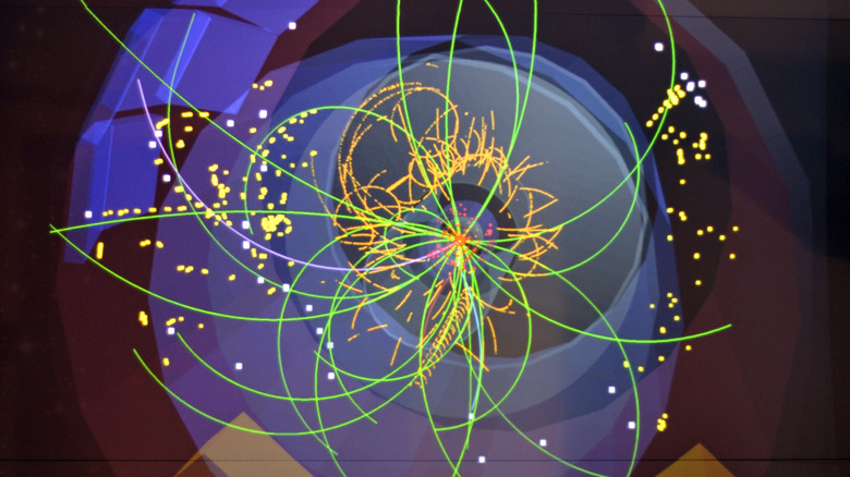 A model of particle collisions generated by the Large Hadron Collider.