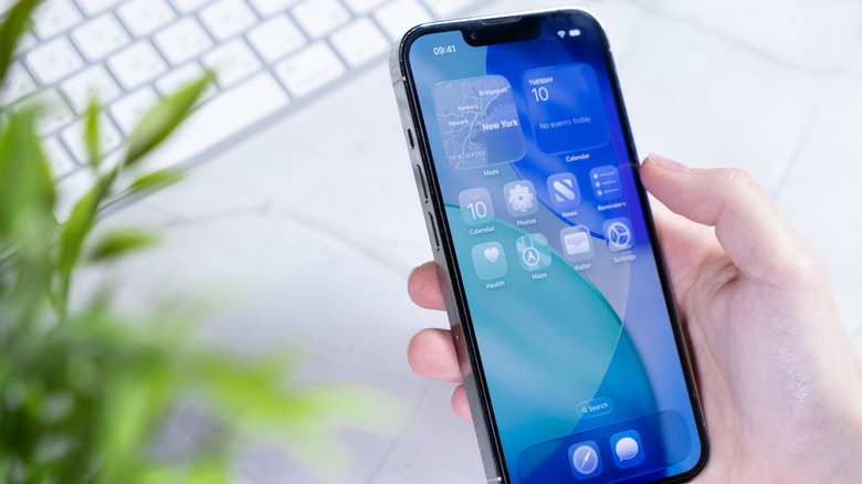 iPhone with flat app icons on the homiOS 26's Liquid Glass design shown on an iPhone: Transparent icons.e screen