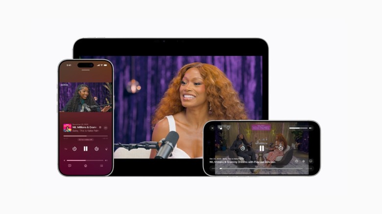 Promotional image highlighting two iPhones and an iPad with a video going on inside Apple Podcasts