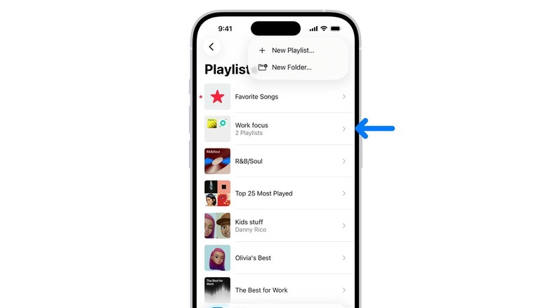 Apple Music with new folder and new playlist options showing at top of screen