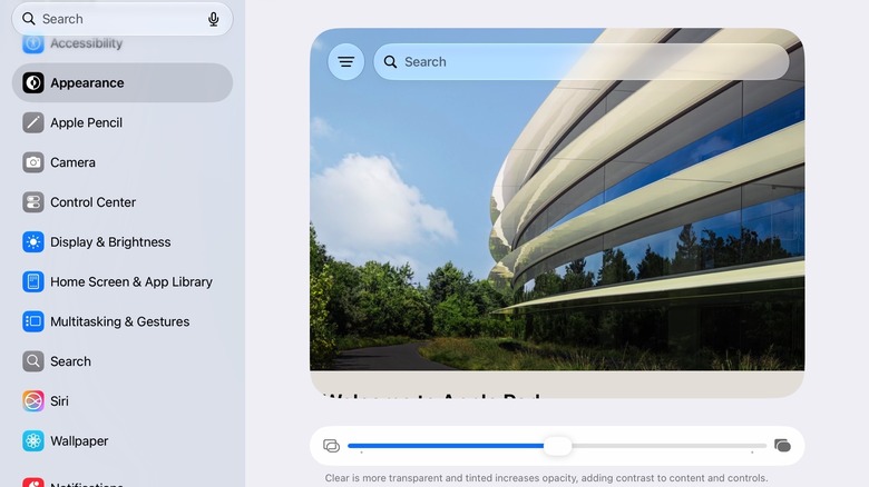 The Liquid Glass customization slider seen in the Settings app on an iPad running iPadOS 27.