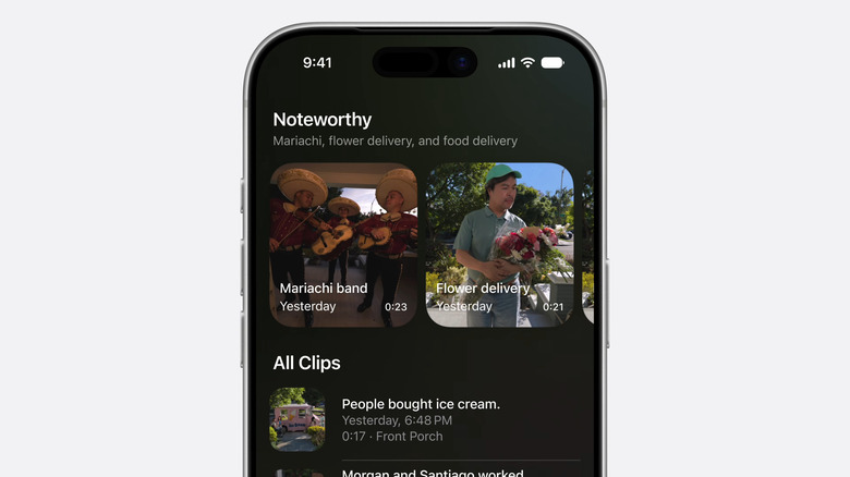 Home app showing clips with descriptions and Noteworthy section