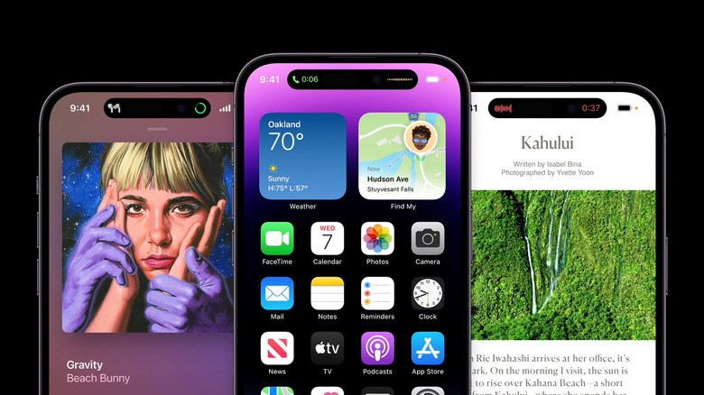 Three iPhones show the Dynamic Island in action, showcasing a voice memo (right), phone call (middle) and headphone charge levels (left).