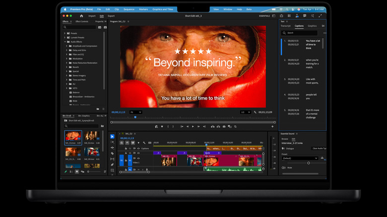 A 14-inch Apple MacBook Pro screen shows a user editing a video with the words 