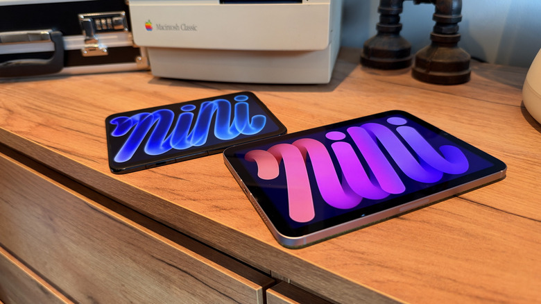 Apple's iPad mini 2024 and an iPhone Duo posing as the new OLED iPad mini laying on a desk