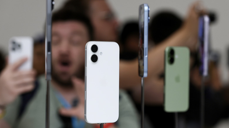 The standard iPhone 17 on display.