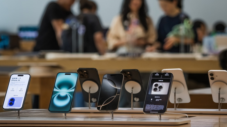 A row of iPhone 16 models are displayed on a wooden counter inside the Apple Store