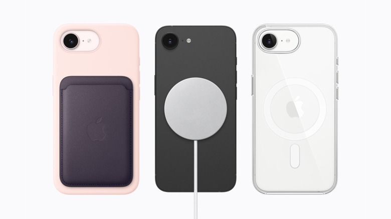 The iPhone 17e attached with a MagSafe Wallet, Charger, and Clear Case