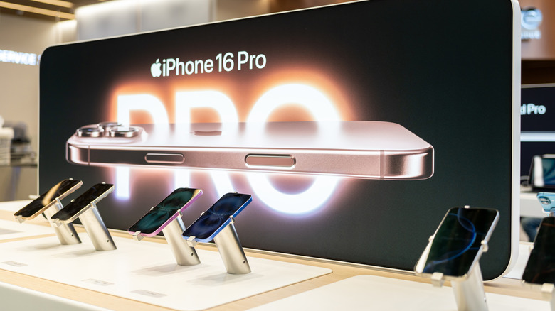 An iPhone 16 Pro setup in a store.