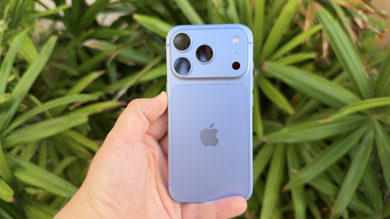 iPhone 18 Pro in Glacier being held in front of plants