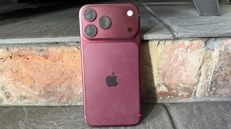 iPhone 18 Pro Max in Burgundy leaning against bricks