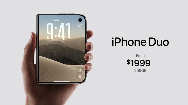 iPhone Duo starting price: $1,999 for the 256 GB version, displayed during Apple's press event.