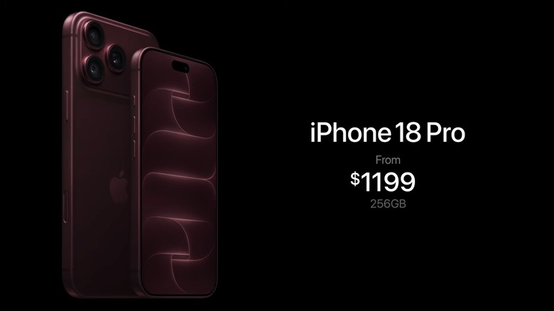 iPhone 18 Pro starting price: $1,199 for the 256 GB version, displayed during Apple's press event.