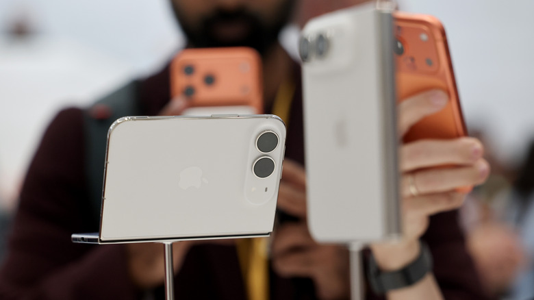 Apple's new iPhone Duo is on display during the "Surprise and Shine" event at the company's corporate headquarters