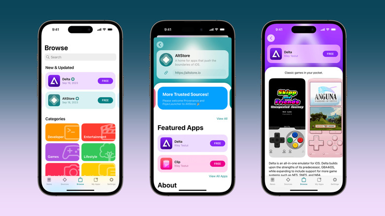 A series of screenshots showing the AltStore in action on an iPhone against a gradient background