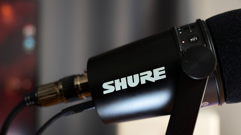 Shure podcasting microphone close up.